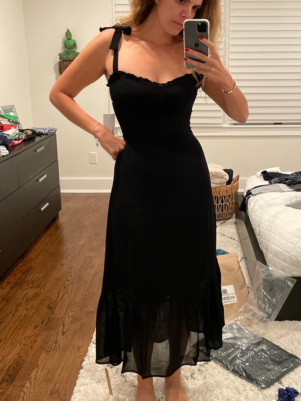 Reformation Nikita Midi Black Tie-Shoulder Frill Hem Georgette Dress